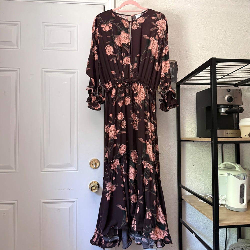 JOHANNA ORTIZ x H&M plum burgundy purple floral ruffle long sleeve midi dress